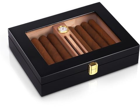 Humidor Storage 10-18 Zigarren Box Zedernglas Top Desktop Humidors Aufbewahrungsbox mit Luftbefeuchter Hygrometer und Trennwand Zubehör für Männer