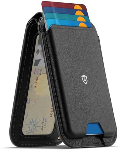 SHIELDON Compatible with MagSafe Wallet, Genuine Leather Magnetic Card Holder, RFID Blocking & ID Window, Fit 6 Cards, Magnetic Wallet Stand for iPhone 16/15/14/13/12 Pro/Pro Max/Plus Series - Black
