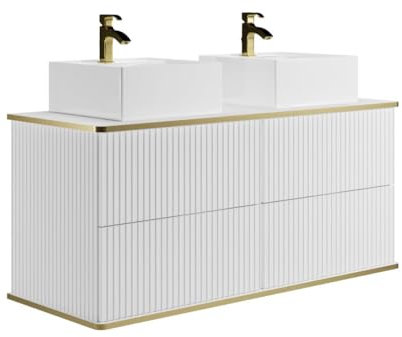 Vente-unique - Meuble de Salle de Bain Suspendu strié liseré doré avec Double Vasque à Poser carrée - Blanc - 120 cm - KELIZA
