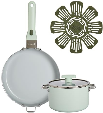 GoodCook Ceramic Cookware 5 Piece Cookware Set with Removable Handle, Induction Friendly, Nonstick and Oven Safe with 9.5 Inch Frying Pan, Sage Green