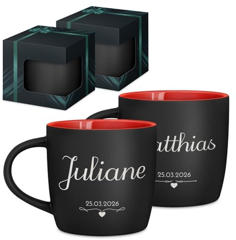 Maverton 2er Keramik Tassen Set mit Gravur, 400 ml, matt schwarz, Innen rot | Tasse personalisiert, Kaffeebecher Teetasse, Hochzeitsgeschenke für Brautpaar, personalisierte Geschenke