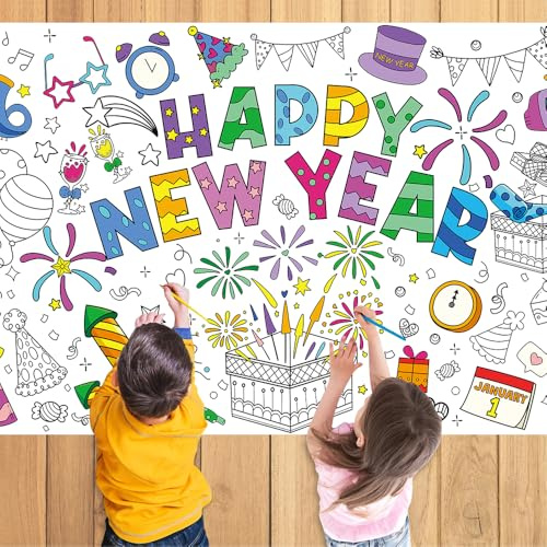 Happy New Year Coloring Poster Tablecloth – 51 x 30 Inch Giant DIY Paper Banner with Fireworks, Party Hats, and Festive Designs – Art Activity for New Year’s Eve Party, Classroom or Holiday Home Decor