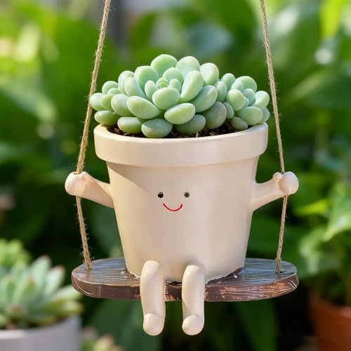 KBIBCK Hanging Planter Swing Face Plant Pot, Cute Resin Head Planters with Drainage Hole, Smily Face Planter Pots, Indoor and Outdoor Succulent Pot for Home Decor Gift