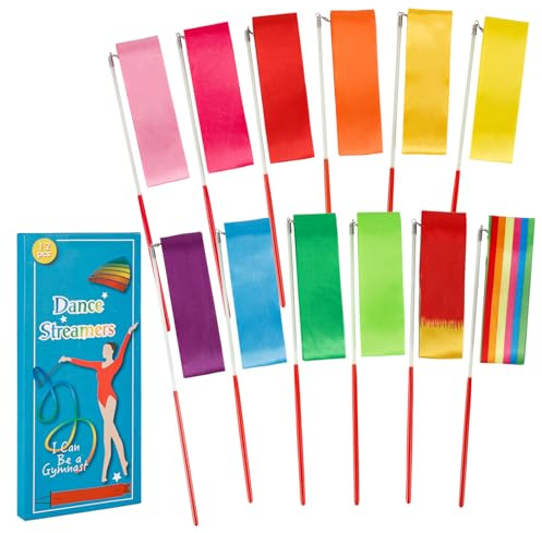 YGEOMER 12pcs Dance Ribbons, Rainbow Gymnastics Ribbon Wands for Kids Dancer, Dance Twirling Sticks Batons Streamers for Artistic Dancing, Talent Shows Dance Floor Party Props