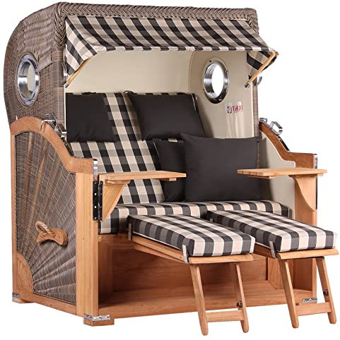 MR. DEKO® Strandkorb Baltikum 2,5-Sitzer Teak | PE Geflecht Grey | Volllieger Strandkörbe aus Teakholz mit 2 Bullaugen & Fußablagen | Polster mit 4 Kissen | Strandstuhl (Dessin 505)