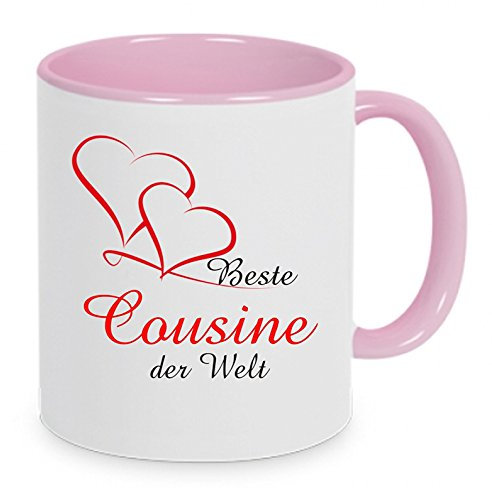 Beste Cousine der Welt - Kaffeetasse mit Motiv, Tasse mit Druck, auch individuell mit Spruch, Foto, Wunschtext, Wunschname (Rosa)