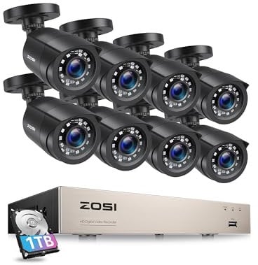 ZOSI 8CH CCTV Camera System with AI Human Vehicle Detection, 5MP Lite DVR and 8x 1080p 1920TVL Security Cameras Outdoor Indoor, Email Alert, Smart Playback, 80ft IR-Night Vision, 1TB Hard Drive