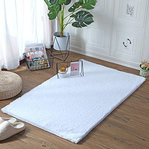 HEQUN Alfombra De Piel De Conejo Artificial,Antideslizante Lujosa Suave Lana Artificial Alfombra para salón Dormitorio baño sofá Silla cojín (Blanco, 75x120cm)