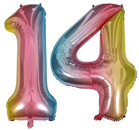DIWULI Luftballon 14 Geburtstag XXL Rosa Regenbogen Zahl 14