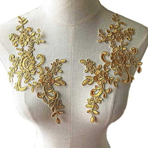 Par de apliques de encaje bordados con cordón para novia, parches de encaje para novia, apliques de costura florales para vestidos, velos, vestidos de noche (dorado)