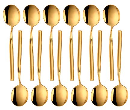 SUNSENGEUR Soup Spoons, Round Stainless Steel Bouillon Spoons with Square Convex Handle 12-Piece Stainless Steel Set Use for Coffee Sugar Dessert Cake Ice Cream - 7.6 Inches-Gold
