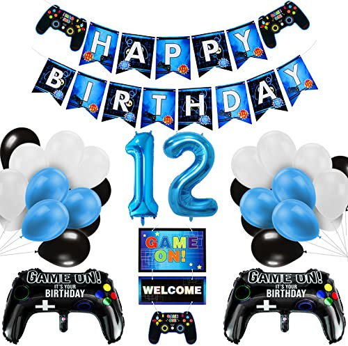 KABAHTOY 12th Birthday Decorations Boy, Gaming Party Decorations, Game Controller Balloons and Blue Black White Balloons, HAPPY BIRTHDAY GAME ON Banner, Gaming Balloons for Boys