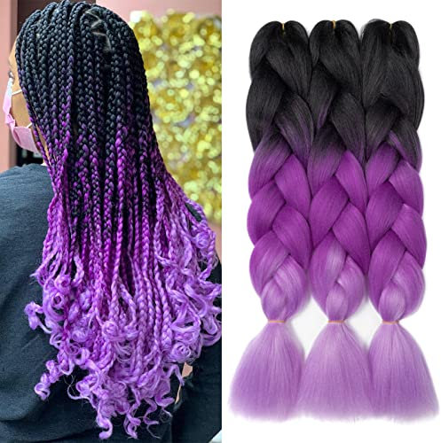Gairyan Extension per Treccine Africane Extension Capelli Finti per Treccine Afro 60cm Ombre Kanekalon Treccia Capelli Sintetici Crochet Twist Jumbo Braids 3 Pezzi (Nero-Viola-Viola Chiaro)