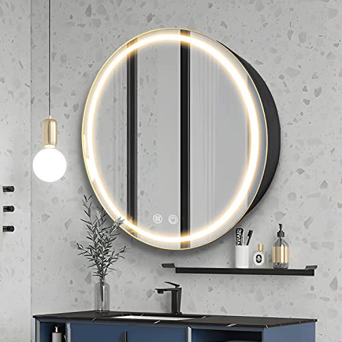 Janboe 66 cm runder Medizinschrank mit Lichtern, LED-Medizinschrank mit Entnebeler, beleuchteter Spiegelschrank für Badezimmer, dimmbar, beschlagfrei, 3000 K-6500 K Farbtemperatur