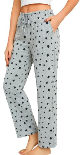 ENJOYNIGHT Damen Schlafanzughose Lang Baumwolle Pyjamahose Print Schlafhose Freizeithose mit Taschen und Kordelzug (Medium,Grauer Stern)