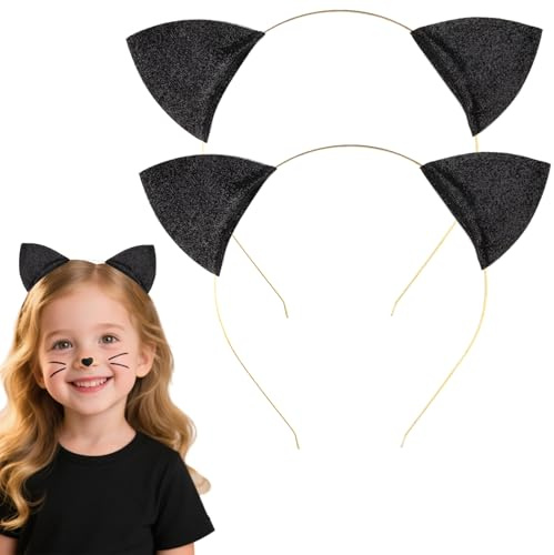 Balloome Schwarzes Katzenohren-Stirnband, Frauenohren, Kostüm, weiche Kätzchen-Ohren, Stirnband, 2 Stück, für Cosplay, Halloween, Weihnachten, Party, tägliche Dekoration (Glitzer)