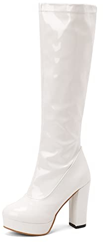 Lizoleor Donna Tacco Alto A Blocco Moda Plateau Stivali Alti Zip Punta Rotonda Eleganti Sposa Vestito Warm Stivali Equitazione Vernice Bianco Numero 38 EU/39Cn