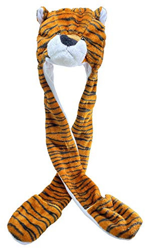 YLfly Plüsch Tier Mütze 3 in 1 Beanie mit langem Schal Fäustling Combo Full Pockets Ohr Cap Hoodie Handschuhe Weihnachten Halloween Party Kostüm, tiger, M