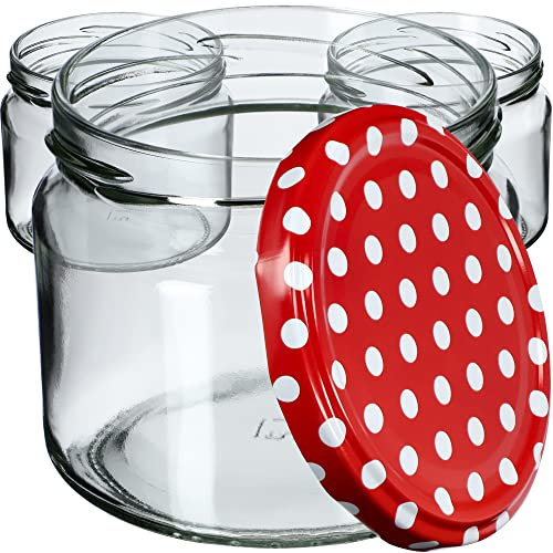 KADAX 100st Einmachgläser mit Schraubdeckel, Marmeladengläser 330ml, Vorratsgläser für Marmeladen, Konfitüren, Honig, Gläser mit Schraubverschluss (Rot gepunktet)