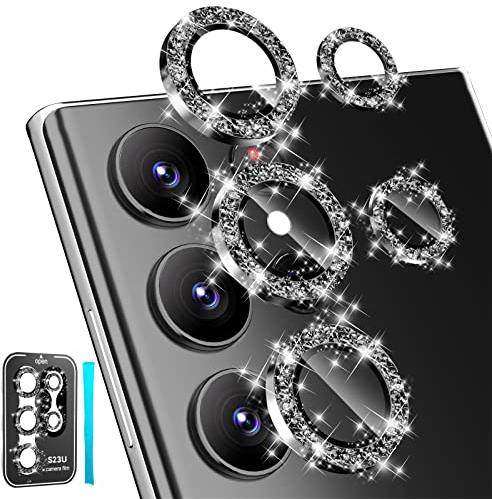 imluckies Paillettes Caméra Arrière Protecteur pour Samsung Galaxy S23 Ultra 6,8, Anneau Alliage Aluminium & 9H Verre Trempé, Bling HD Protection Objectif pour S23 Ultra 5G 2023, Glitter Noir