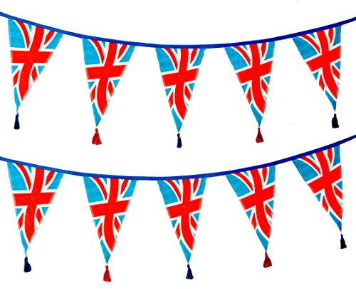 Union Jack Stoff-Wimpelkette – rot-weiß und blau King Charles Coronation Street Party Dekorationen | 100% Baumwolle Flaggen, patriotisch, England, WM 3 m lang