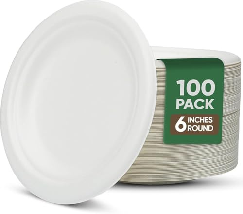 Dessert Paper Plates 6 Inches, 100 Pack Disposable 100% Compostable Plates | Leakproof Disposable Plates, Microwave Safe, Oil Resistant, Eco-Friendly, Small Dinnerware, Party/Home/School/Camp