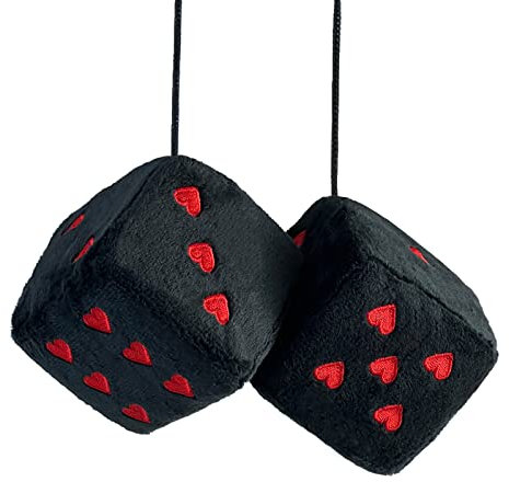 Paar 7,6 cm Fuzzy Plüsch Würfel Herzform Dekor für Auto Rückspiegel, Retro Quadrat Dekoration Würfel für Auto hängen Zubehör (Schwarz-Rot)