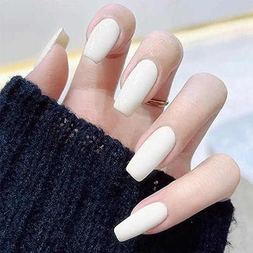 24pcs Medium Square White Stick-on Press-on Nails - Removable Glue-on Acrylic Full Cover Fake Nails for Women Girls - Nail Art Accessories