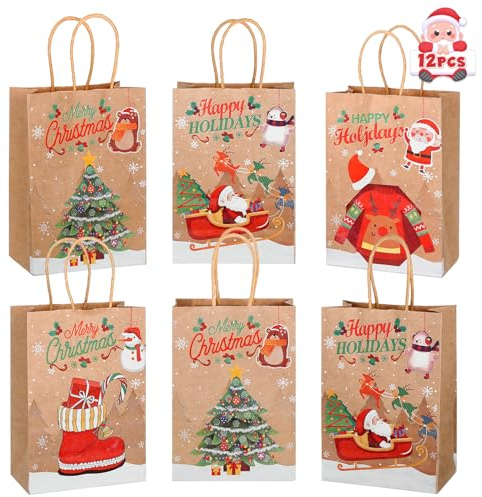 LIHAO 12 Stück Geschenktüten mit Henkel Weihnachten Papiertüten Weihnachtsdrucken Weihnachts Tasche zum Verpacken von Geschenken Geburtstag Kinder Gastgeschenke