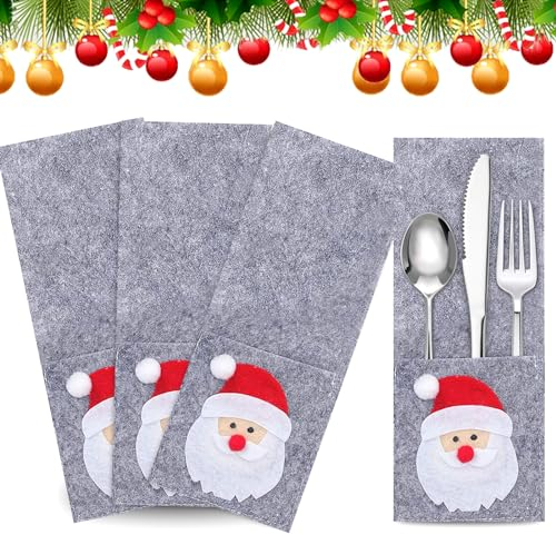 HELOVGE 4 Piezas Soporte De Cubiertos De Navidad,Bolsa Cubiertos Navidad,Porta Cubiertos Navideños De Fieltro,para cubiertos,servilletas de cubiertos para fiesta, mesa, decoración de Navidad. (A)