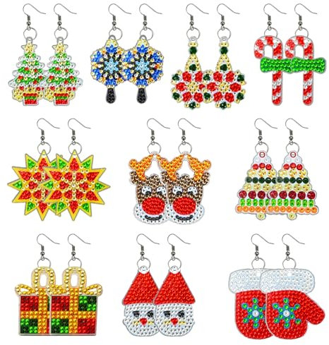 10 Pairs Christmas Diamond Paintings Earrings, 5D DIY Double-sided Mosaic Earring Kits Snowman Moose Father Christmas, Diamond Paintings Drop Earrings Jewelry Making for Women Girls Handmade Gifts
