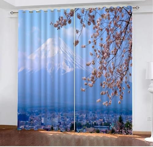 Sepustas Rideaux Paysage Japonais Chambre pour Adultes Sakura Mont Fuji Bleu Rideau Occultant Chambre Fille Garcon Rideaux Chambre Ado Isolation Thermique et Réduction du Bruit Rideau （200x200 cm）