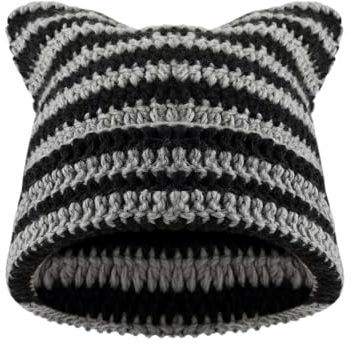 lasuroa Katzenohren Hat, Y2K Strickmütze Katzenohren Niedliche Gehäkelte Fuchsohren Mütze Accessoire für Die Meisten Frauen Mädchen im Winter