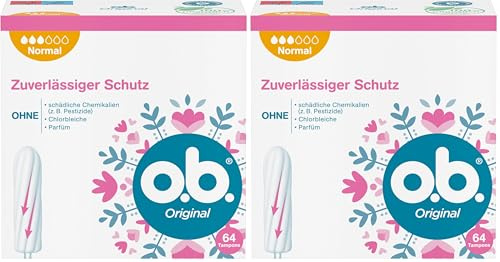 o.b. Original Normal, Tampons für mittlere/stärkere Tage, StayDry Technologie & geschwungene Rillen, zuverlässiger Schutz & sauberes Gefühl (64 ST) (Packung mit 2)
