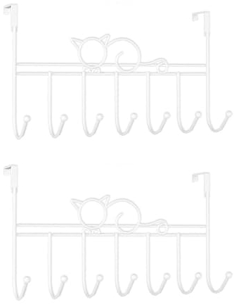 GVRGO 2er Set Türhaken, 7 Haken Türhakenleiste zum Einhängen, Kleiderhaken Tür Ohne Bohren, Garderobenhaken tür für Küche, Badezimmer, Flur und Schlafzimmer- weiße Katze