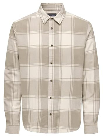 Kariertes Holzfäller Hemd Basic Langarm Flanellhemd Freizeit Karo Slim Fit Shirt Baumwolle ONSGUDMUND, Farben:Beige, Größe Hemd:M