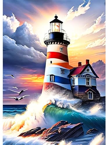 AIRDEA 5D Leuchtturm am Meer Diamond Painting, Diamant Painting Erwachsene Set, Full Drill Bilder Diamant Malerei Poster Kreuzstich Kits 30x40cm