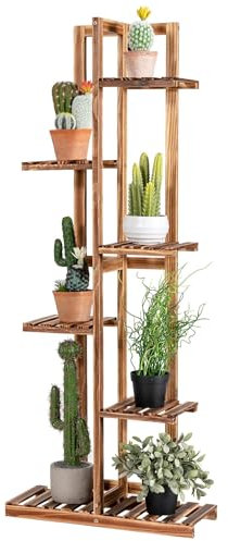 TANGZON 5/6 Tier Tall Plant Stand, Solid Wood 6/7 Potted Flower Pot Holder Shelf, Indoor Outdoor Waterproof Corner Plant Display Storage Rack for Garden Patio Yard Balcony (6 Tiers, No Fence)