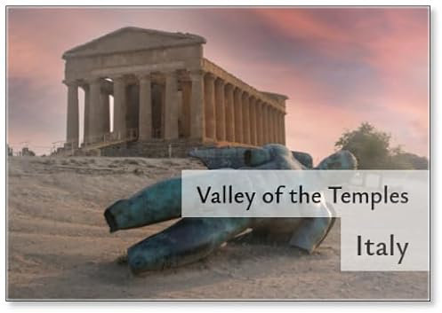Kühlschrankmagnet Sonnenuntergang mit Statue des Ikarus vor dem Tempel der Concord in Agrigent, Tal der Tempel, Sizilien, Kühlschrankmagnet