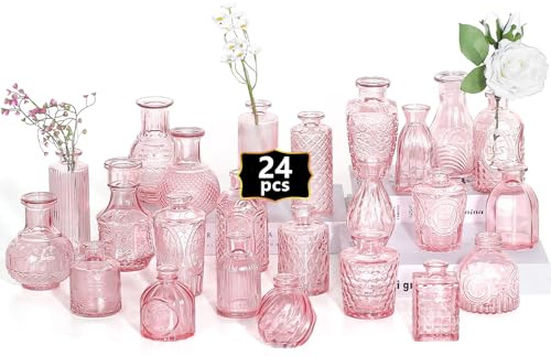 Glass Bud Vases, Set of 24, Mini Flower Vases for Centrepieces, Vintage Bottles for Table Decorations, Wedding Decor, Home, Clear (24, Pink-Orange)