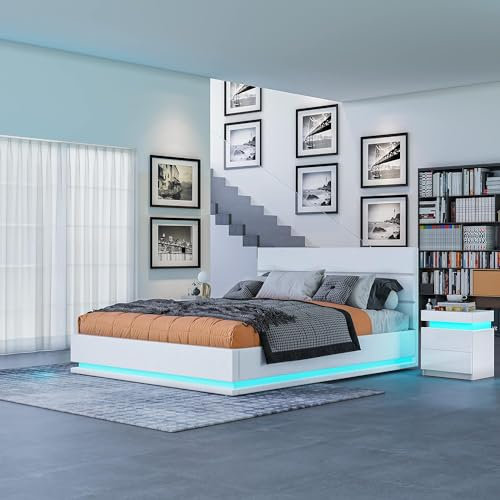 Gas Lift Ottoman Storage Bed Frame,4FT Small Double Bed Frame with Storage,Wooden Ottoman Bed Frame with LED Lights, Faux Leather (White, Small Double)