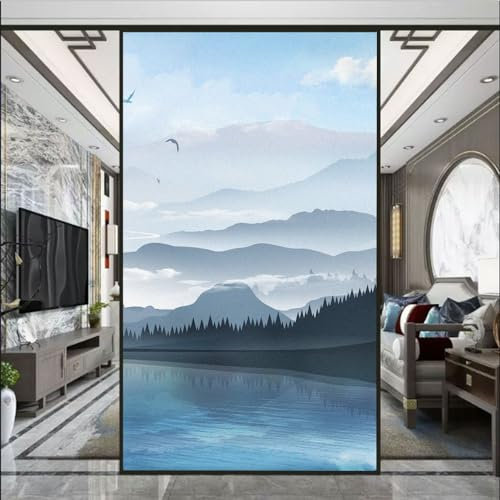 Paisaje de Tinta Lámina para Cristales, Lámina Decorativa para Cristales, Lámina Especial Autoadhesiva, Película de la Ventana de privacidad Frosted Window Glass Films 58x120cm