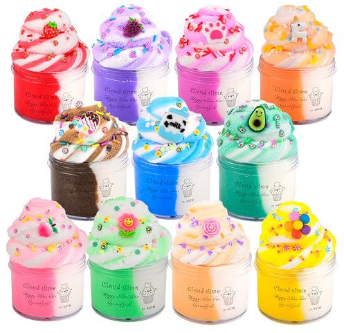 11 Pcs Cloud Slime Pack, Non Sticky Mess-free and Stretchy, Slime Toy with Unicorn Peach Strawberry Rose Charms, Stress Relief Toy, Party Bag Fillers, Easter Basket Stuffers