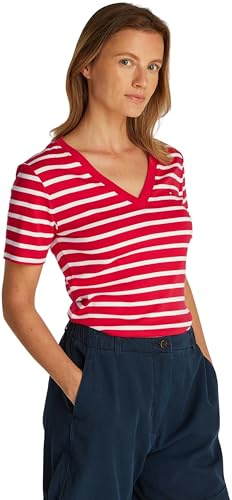 Tommy Hilfiger Camiseta de Manga Corta Mujer New Slim Cody con Cuello de Pico, Multicolor (Primary Red/Ecru STP), XS