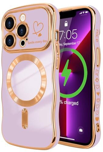 LCHULLE for iPhone 13 Pro Case for Women Girls [Compatible with MagSafe] Cute Curly Wave Shape, Magnetic Love Heart Pattern with Camera Lens Cover Luxury Plating Shockproof Phone Case,Light Purple
