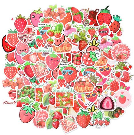 AOZUO 100Pcs Strawberry Shortcake Stickers, DIY Red Cute Strawberry Sticker, Cartoon Waterproof Fruits Vinyl Decals for Water Bottle Laptop Luggage Helmet Skateboard Snowboard Guitar Scrapbook Gifts