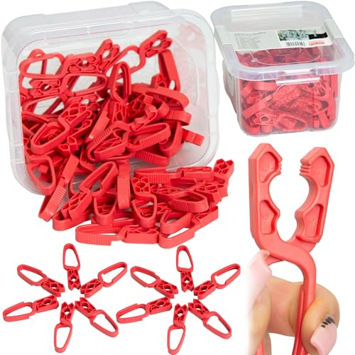 Lot de 50 pinces à linge en plastique super solides en rouge, pas de métal, avec boîte transparente pour un rangement facile