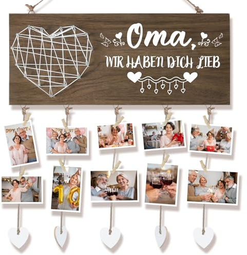 Belillpipi Geschenk für Oma, Oma Geschenk Geburtstag, Holzschild Fotoseil und Holzpflöcke, Wand-Bilderrahmen Dekoration, Geschenk zum Muttertag, oma Wir Haben Dich lieb geschenk