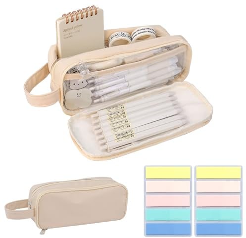 SSKHE Durchsichtig Federmäppchen mit 200 Stück Haftnotizen,mäppchen Teenager federtaschen,büro federtasche Erwachsene transparent,multifunktionale Tasche federmäppchen für Kinder