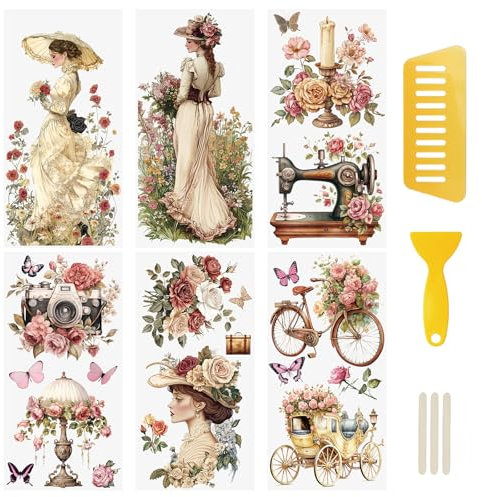 WANDIC 6 Sheets Rub On Transfer Sticker, Victorian Style Girls Flowers Sticker Decal for DIY Scrapbooking Photo Albums furniture, 15 * 30cm